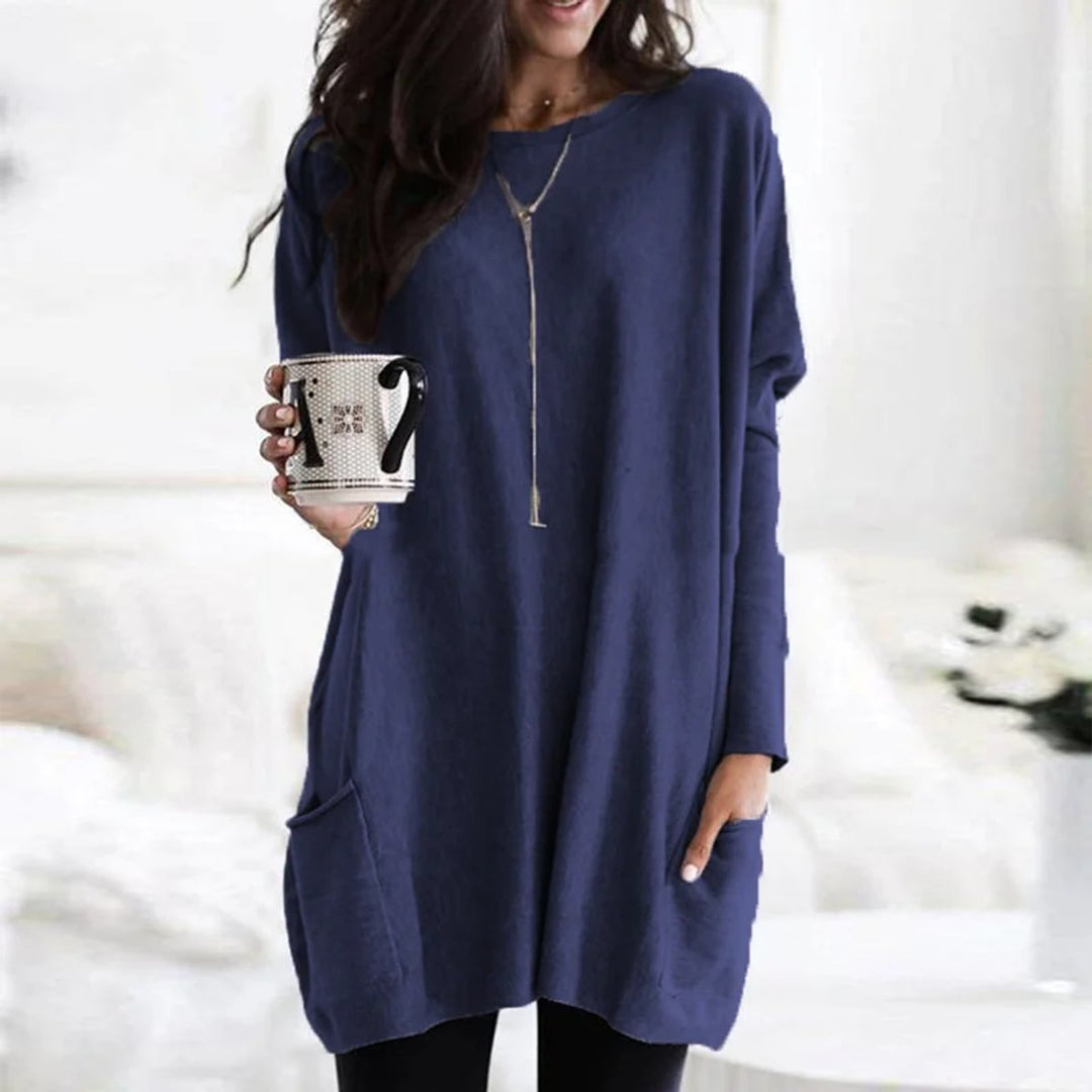 Damen Oversized Tunika-Pullover mit Taschen | Locker geschnittenes Langarm-Oberteil mit Rundhalsausschnitt für Alltag und Freizeit