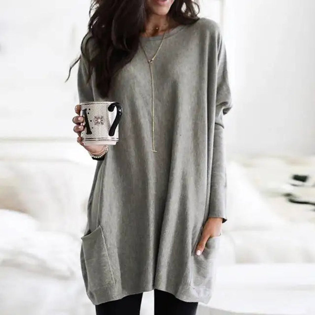 Damen Oversized Tunika-Pullover mit Taschen | Locker geschnittenes Langarm-Oberteil mit Rundhalsausschnitt für Alltag und Freizeit