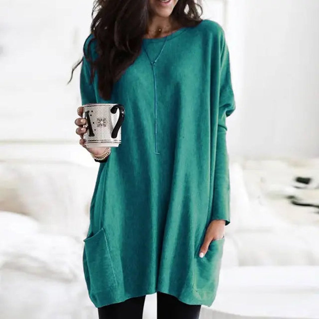 Damen Oversized Tunika-Pullover mit Taschen | Locker geschnittenes Langarm-Oberteil mit Rundhalsausschnitt für Alltag und Freizeit
