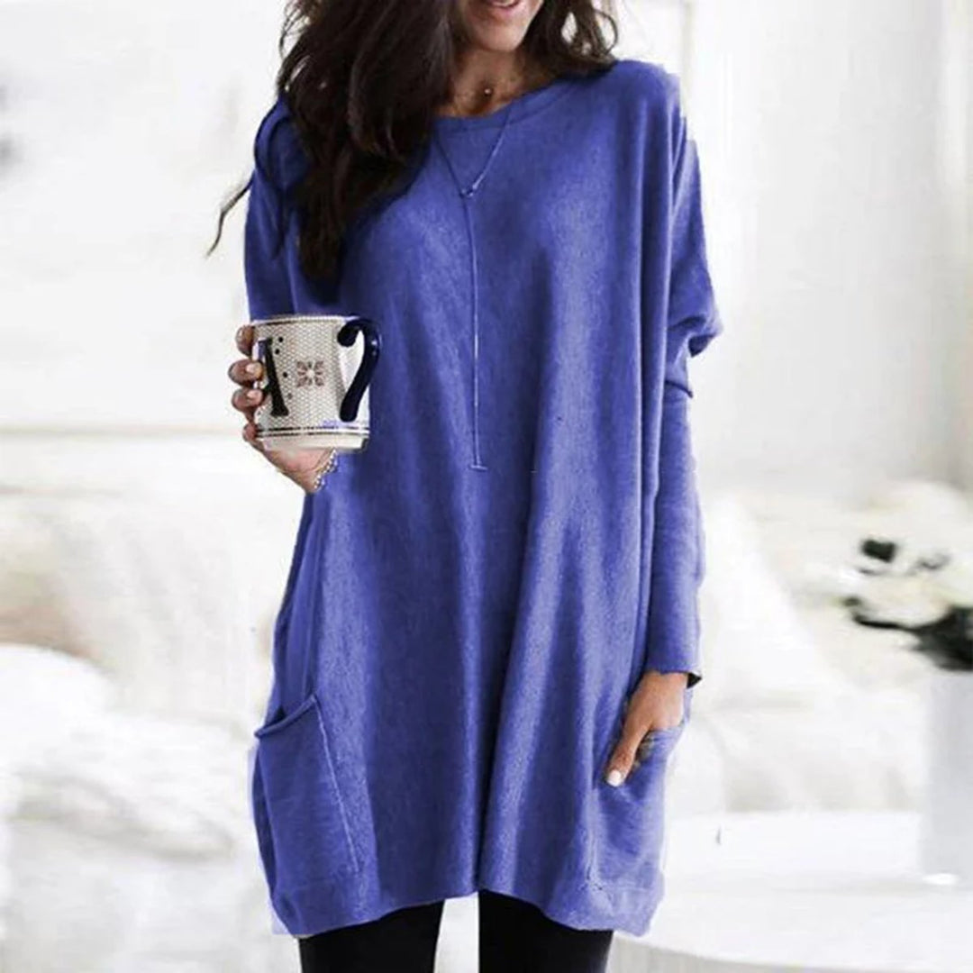 Damen Oversized Tunika-Pullover mit Taschen | Locker geschnittenes Langarm-Oberteil mit Rundhalsausschnitt für Alltag und Freizeit