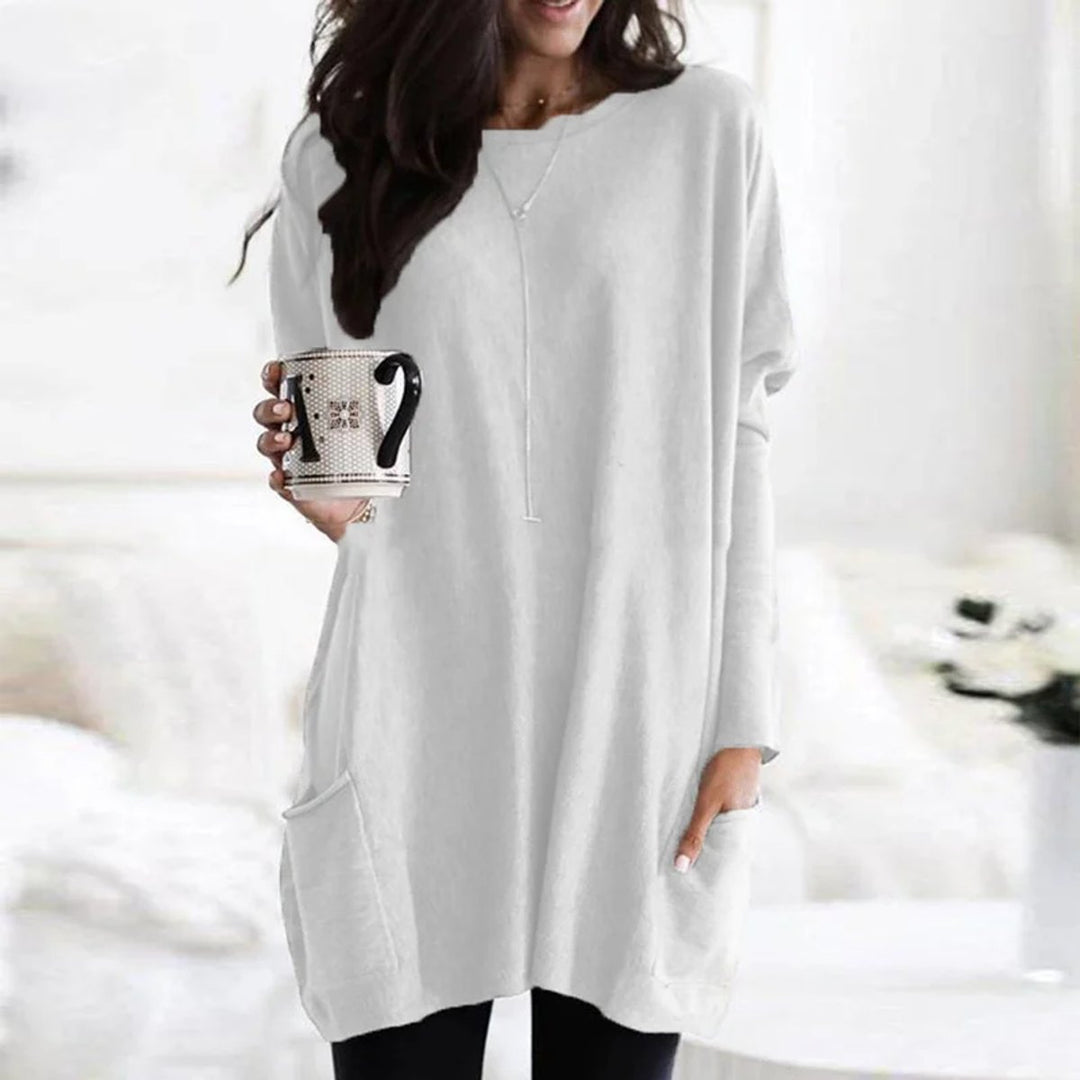 Damen Oversized Tunika-Pullover mit Taschen | Locker geschnittenes Langarm-Oberteil mit Rundhalsausschnitt für Alltag und Freizeit