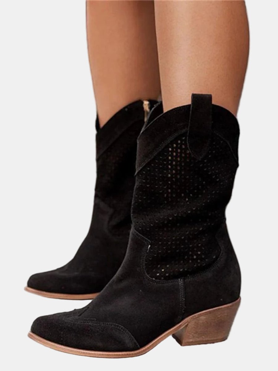 Damen Stiefel kniehoch mit Blockabsatz | Perforierte Stiefel in Wildleder-Optik mit rutschhemmender Sohle für Alltag