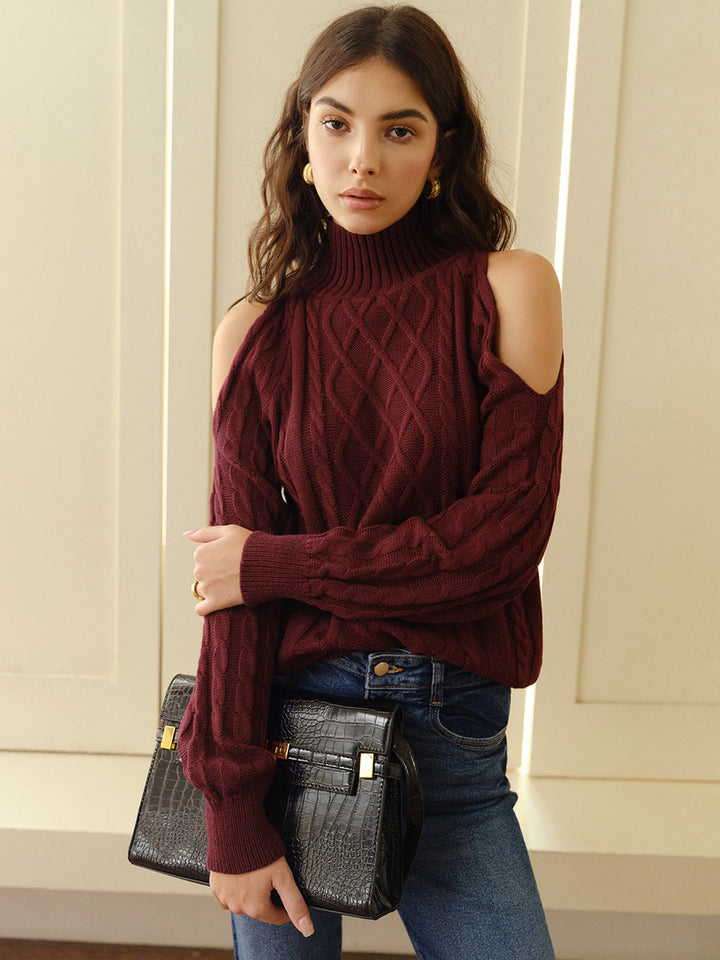 Damen Strickpullover mit Schulterausschnitten | Zopfmuster auf der Vorderseite, hoher Kragen und lange Ärmel mit Rippbündchen