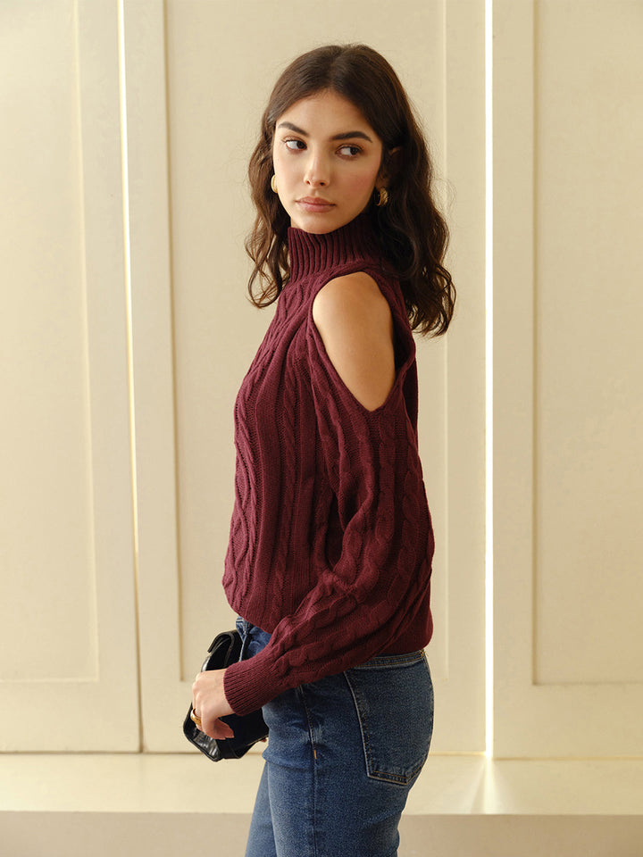 Damen Strickpullover mit Schulterausschnitten | Zopfmuster auf der Vorderseite, hoher Kragen und lange Ärmel mit Rippbündchen