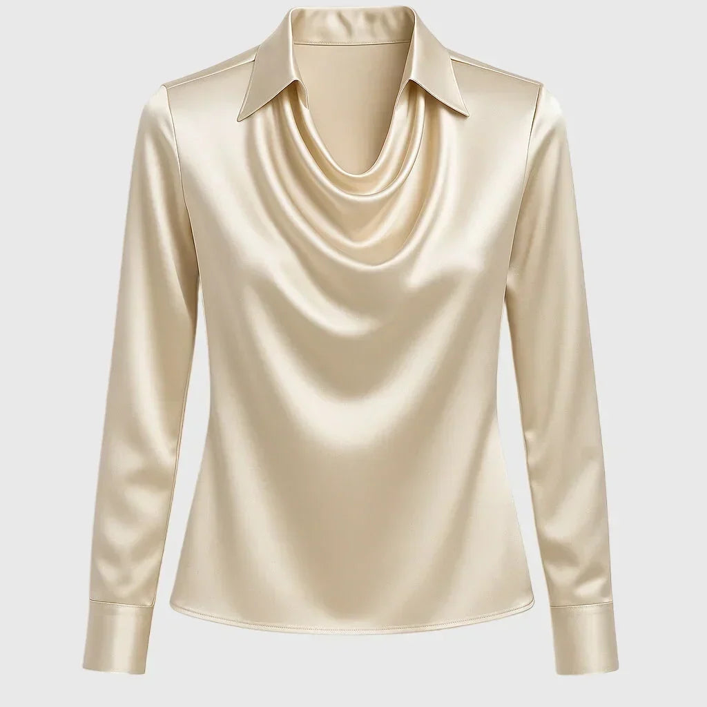 Damen Satinbluse mit Wasserfallausschnitt | Elegante Langarmbluse mit weich fließendem Stoff und sanftem Glanz für Büro und Freizeit