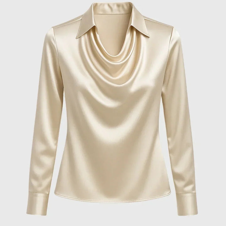 Damen Satinbluse mit Wasserfallausschnitt | Elegante Langarmbluse mit weich fließendem Stoff und sanftem Glanz für Büro und Freizeit