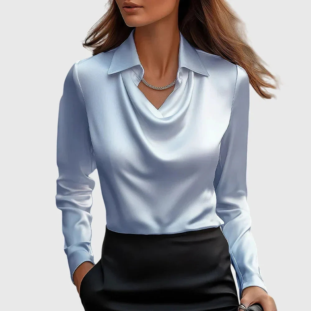 Damen Satinbluse mit Wasserfallausschnitt | Elegante Langarmbluse mit weich fließendem Stoff und sanftem Glanz für Büro und Freizeit
