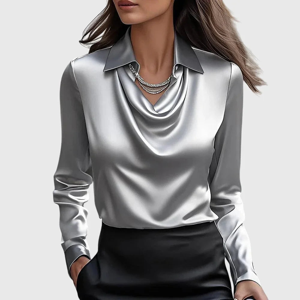 Damen Satinbluse mit Wasserfallausschnitt | Elegante Langarmbluse mit weich fließendem Stoff und sanftem Glanz für Büro und Freizeit