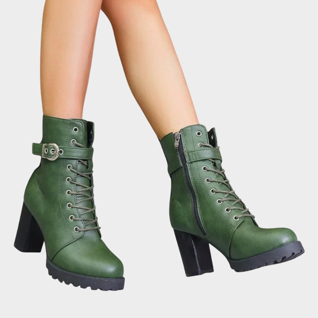 Damen Schnürstiefeletten mit Blockabsatz | Knöchelhohe Ankle Boots mit dekorativer Schnalle, Metallösen und seitlichem Reißverschluss