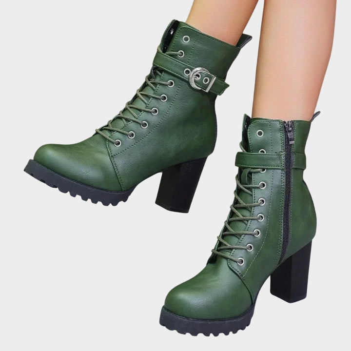 Damen Schnürstiefeletten mit Blockabsatz | Knöchelhohe Ankle Boots mit dekorativer Schnalle, Metallösen und seitlichem Reißverschluss