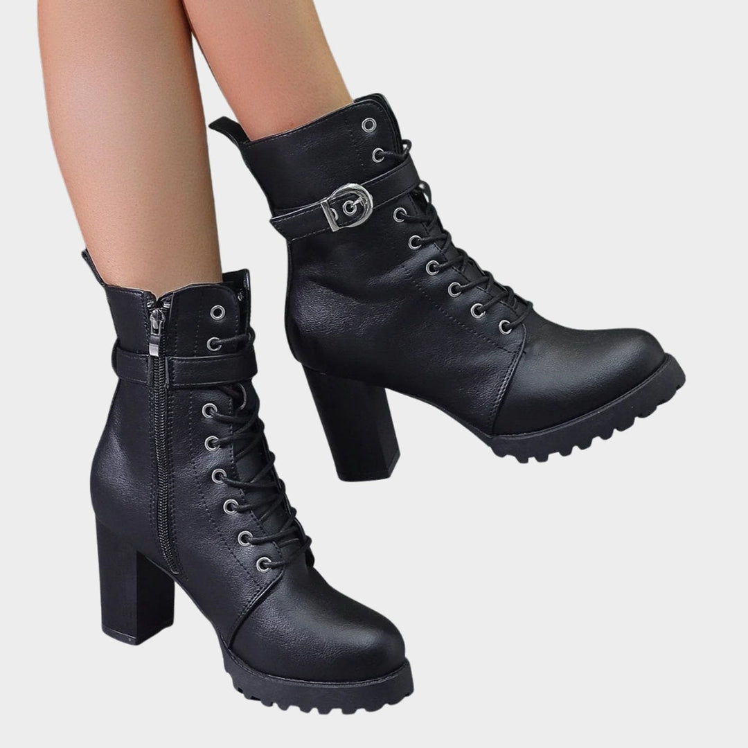 Damen Schnürstiefeletten mit Blockabsatz | Knöchelhohe Ankle Boots mit dekorativer Schnalle, Metallösen und seitlichem Reißverschluss
