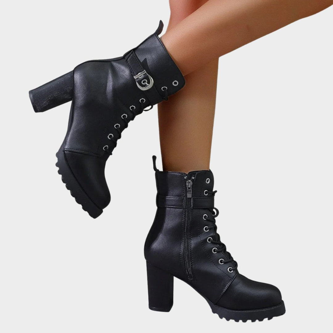 Damen Schnürstiefeletten mit Blockabsatz | Knöchelhohe Ankle Boots mit dekorativer Schnalle, Metallösen und seitlichem Reißverschluss