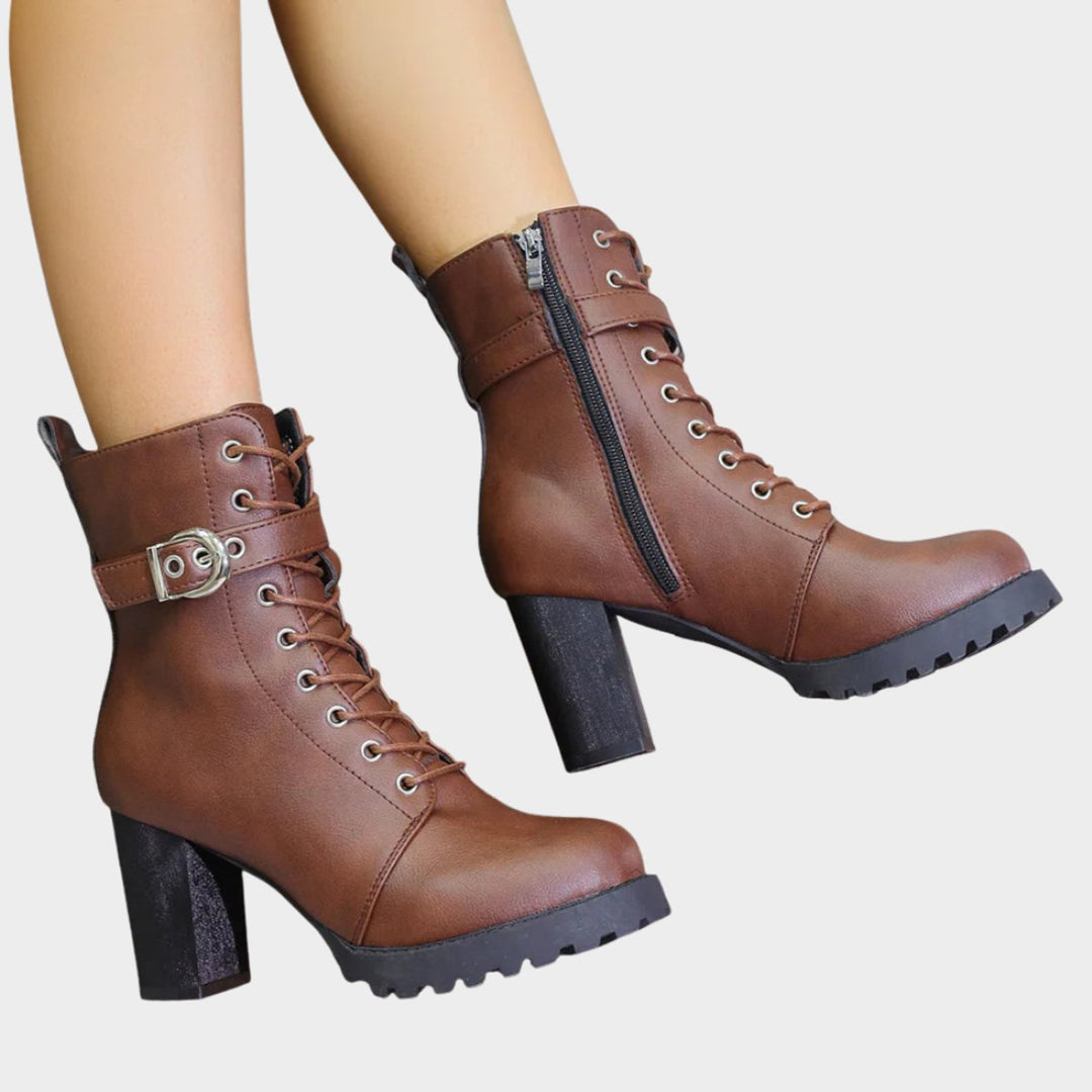 Damen Schnürstiefeletten mit Blockabsatz | Knöchelhohe Ankle Boots mit dekorativer Schnalle, Metallösen und seitlichem Reißverschluss