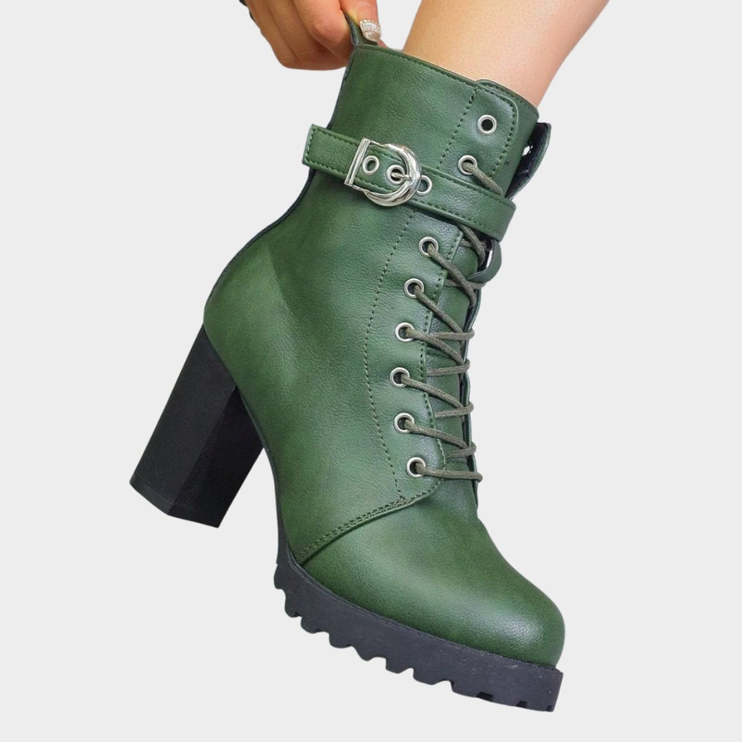 Damen Schnürstiefeletten mit Blockabsatz | Knöchelhohe Ankle Boots mit dekorativer Schnalle, Metallösen und seitlichem Reißverschluss