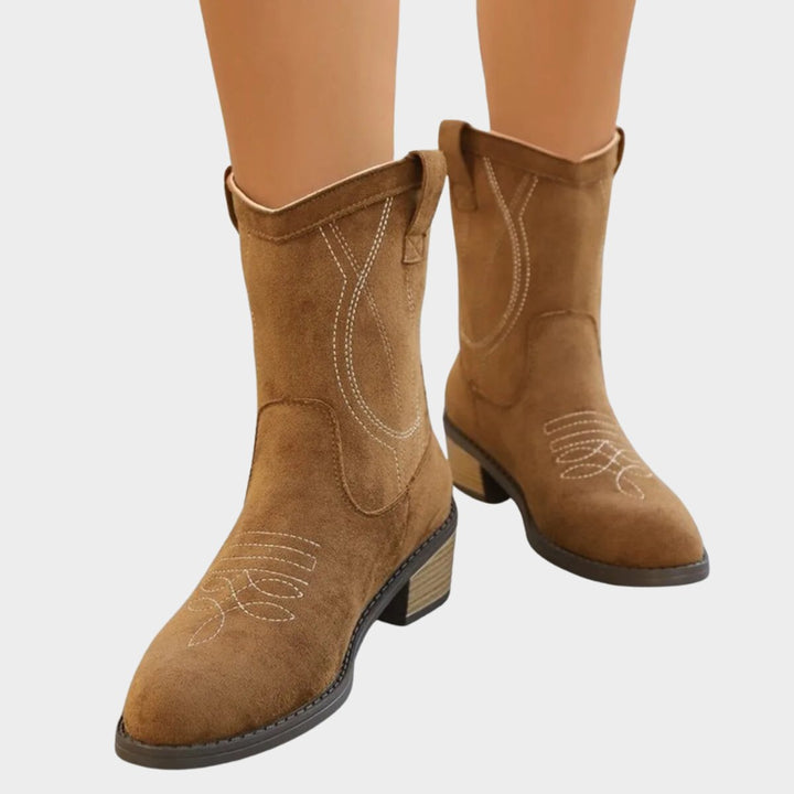 Damen Cowboy Stiefeletten im Western-Stil | Knöchelhohe Ankle Boots mit Steppdetails, Blockabsatz und rutschfester Sohle