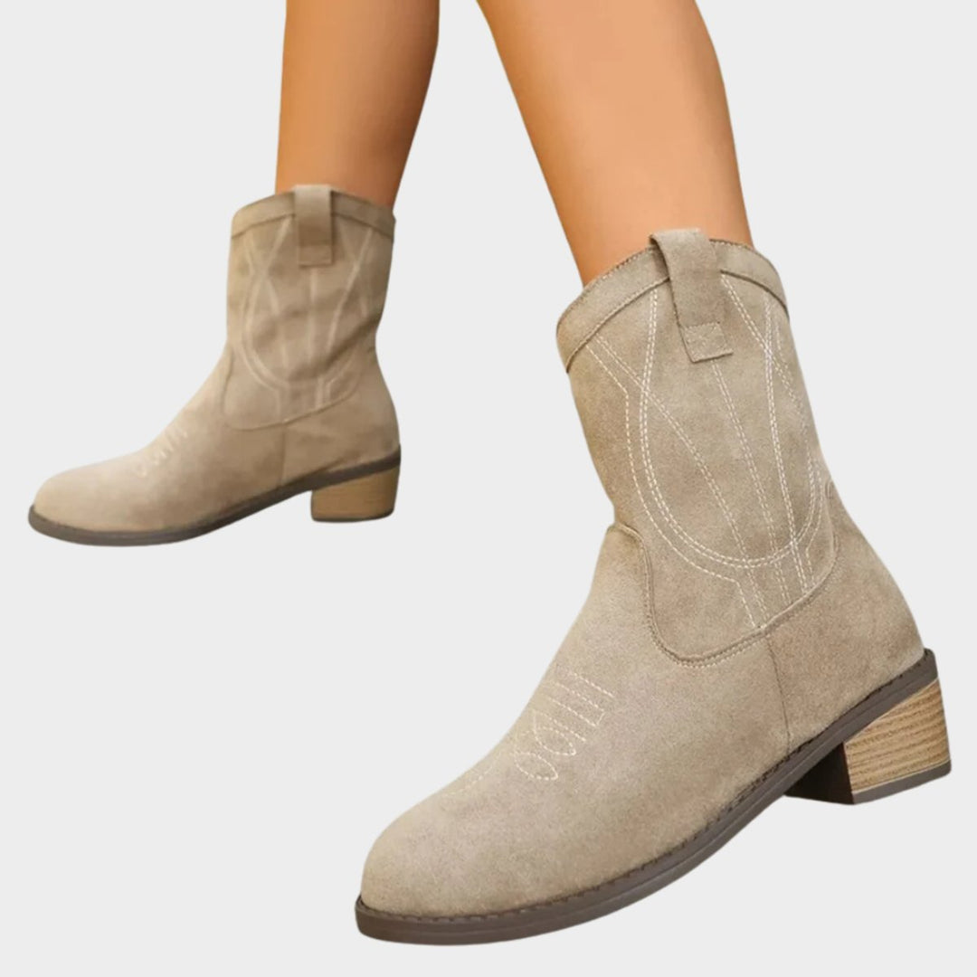 Damen Cowboy Stiefeletten im Western-Stil | Knöchelhohe Ankle Boots mit Steppdetails, Blockabsatz und rutschfester Sohle