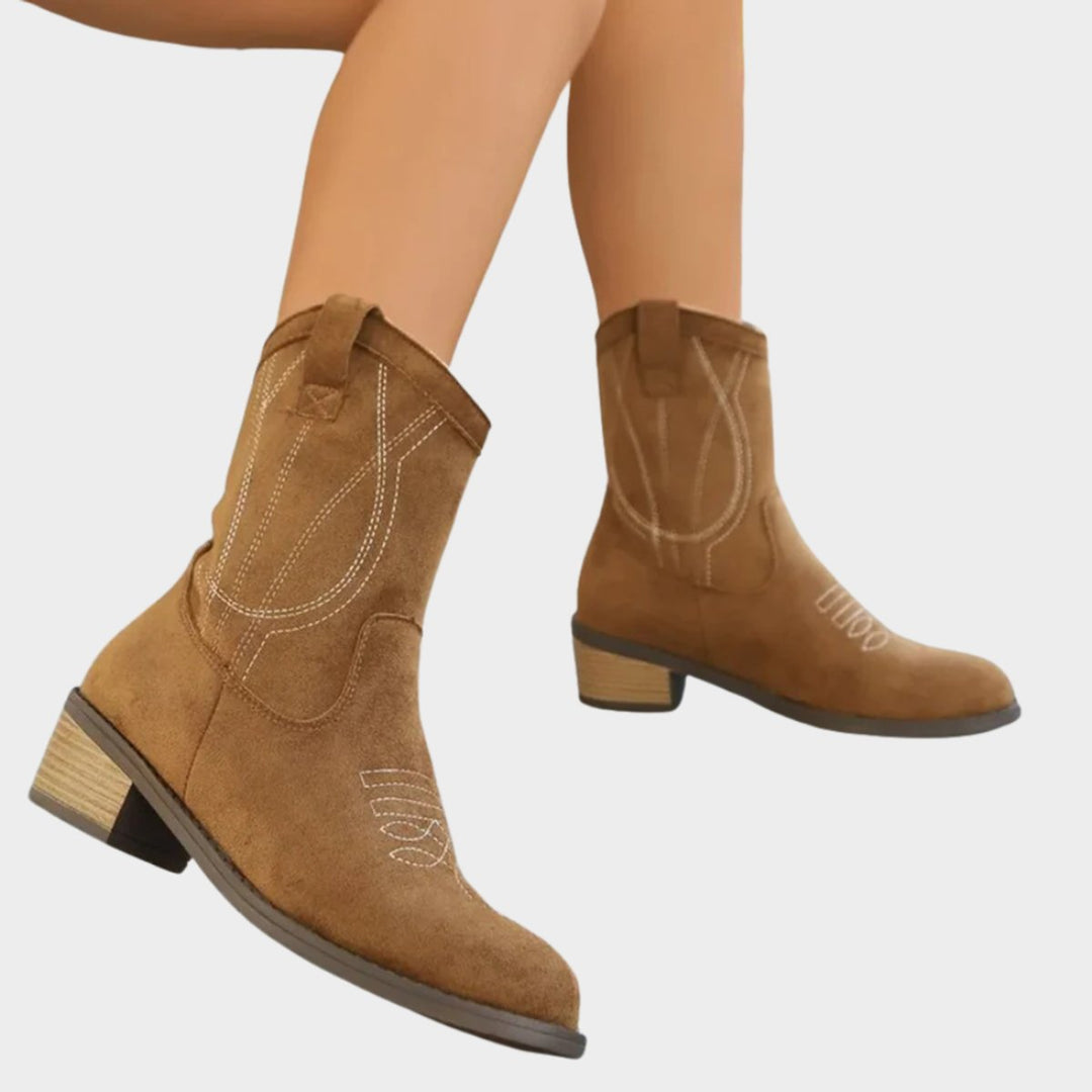 Damen Cowboy Stiefeletten im Western-Stil | Knöchelhohe Ankle Boots mit Steppdetails, Blockabsatz und rutschfester Sohle