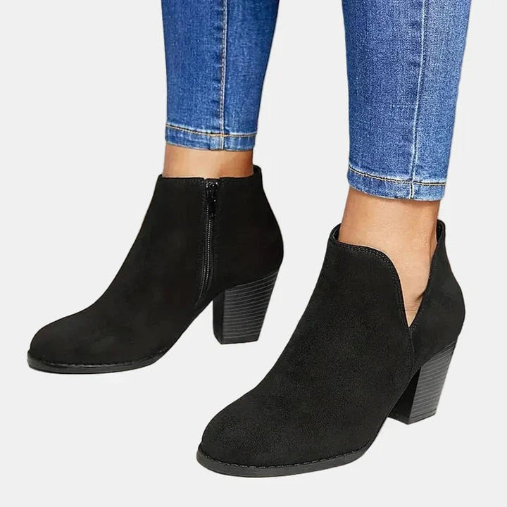 Damen Wildleder-Stiefeletten mit Blockabsatz | Knöchelhohe Ankle Boots mit seitlichem Reißverschluss, runder Schuhspitze und gepolsterter Innensohle