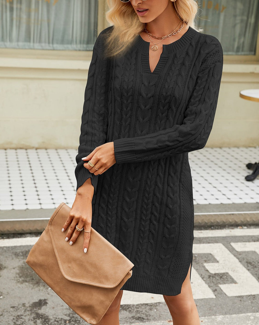 Damen Strickkleid mit Zopfmuster | Herbstkleid mit V-Ausschnitt, langen Ärmeln und kniefreier Länge für feminine Looks