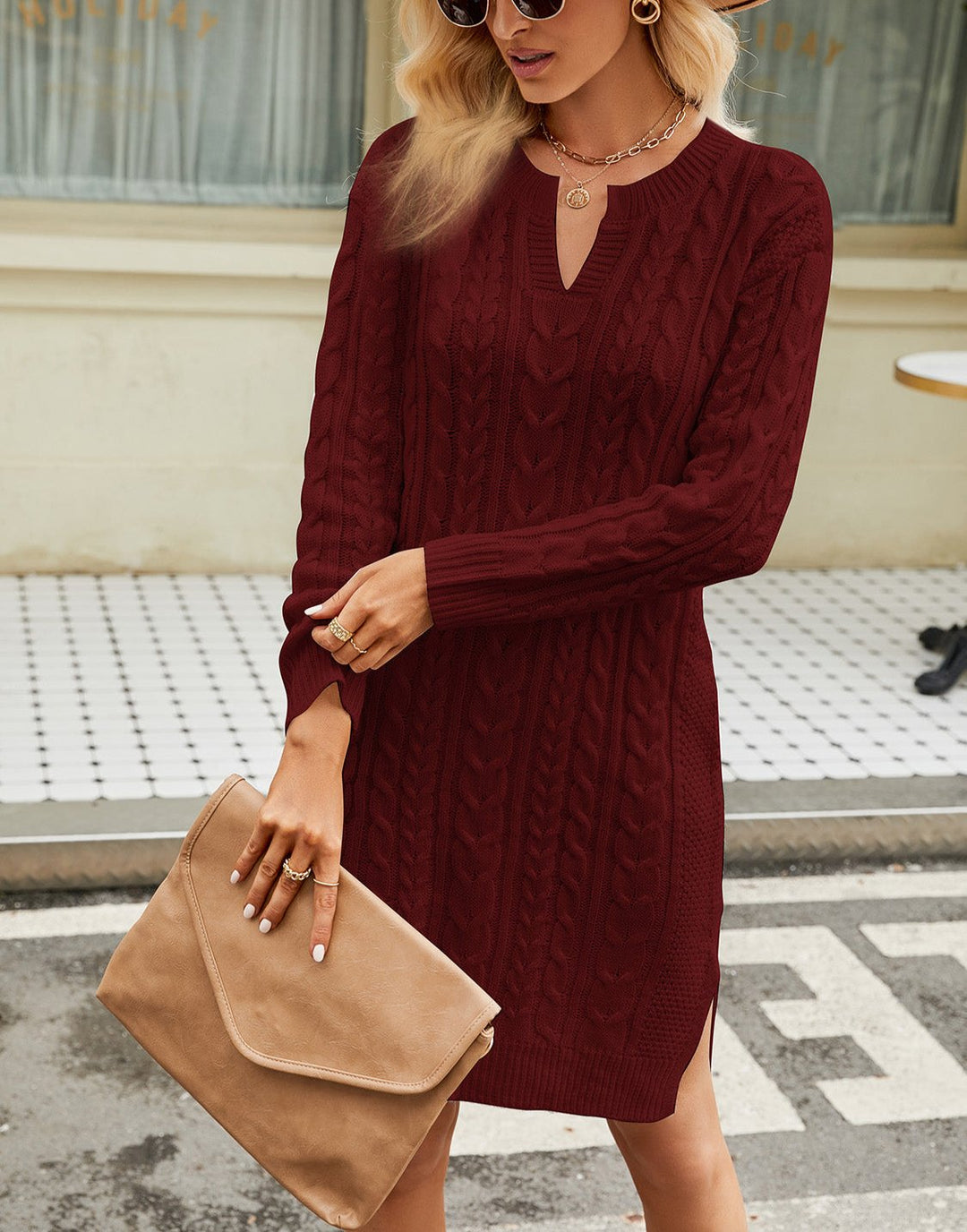Damen Strickkleid mit Zopfmuster | Herbstkleid mit V-Ausschnitt, langen Ärmeln und kniefreier Länge für feminine Looks