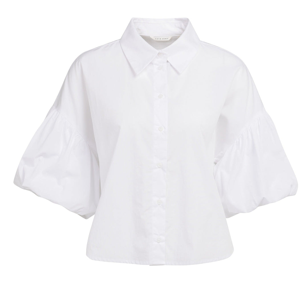 Damen Bluse | Oversize-Bluse mit kurzen Ballonärmeln, Kragen und Knopfleiste