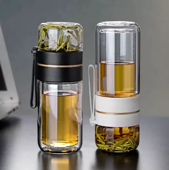 Double-walled glass tea bottle with tea filter | Leak-proof &amp; to-go | For loose tea, herbal tea &amp; tea bags