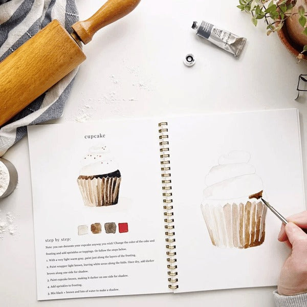 Cahier de travail aquarelle pour débutants | 12 motifs avec guide étape par étape | Papier 120 lb, 6,5"×9", mélange et peinture
