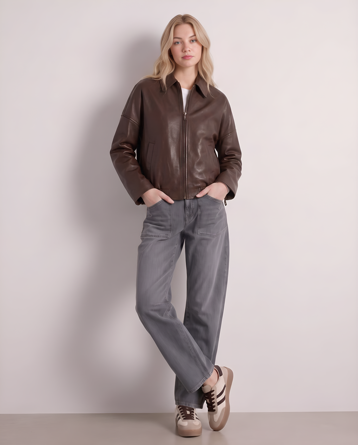 Kunstlederjacke | Mit Kentkragen, Eingrifftaschen und gerafftem Saum