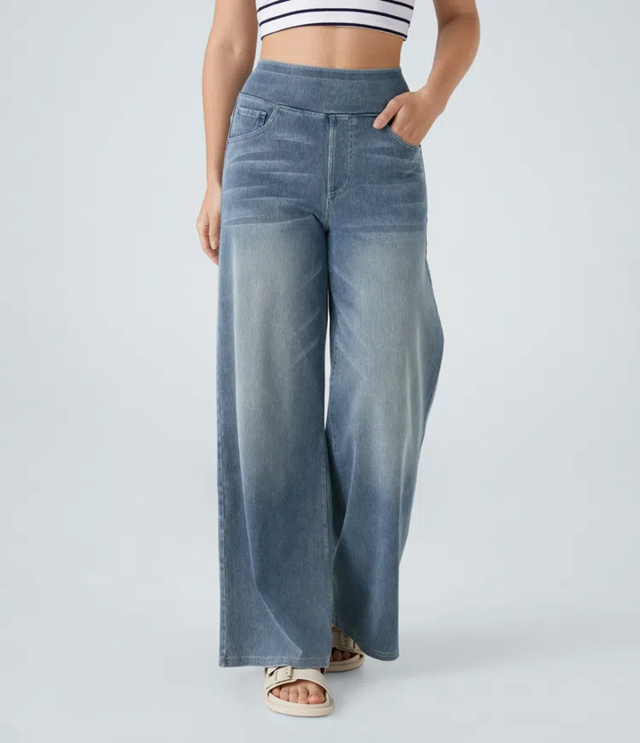 Damen Jeans High Waist Wide Leg | Vier-Wege-Stretch &amp; ohne Reißverschluss | Bequem, formend &amp; mit Taschen, XS–5XL