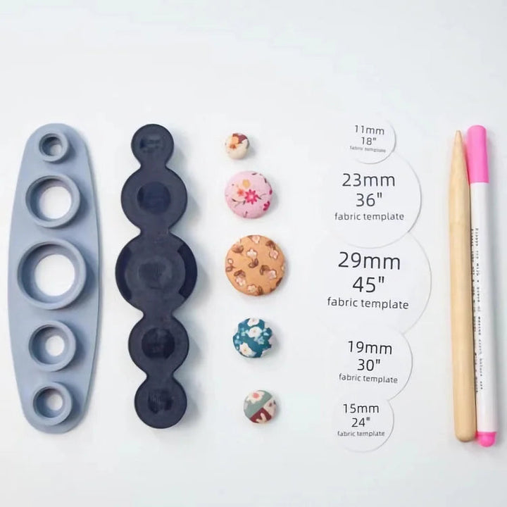 Set per creare bottoni in tessuto con un tocco | Bottoni auto-adesivi in 5 misure (11–29 mm) | Include modelli per tessuto | Crea bottoni velocemente senza pressa