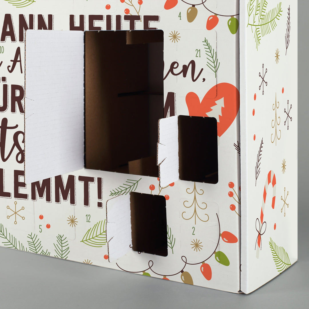 Lustiger Adventskalender zum Befüllen | Weihnachtskalender mit 24 Türchen, Arbeitsunfähigkeitsbescheinigung und humorvollem Spruch