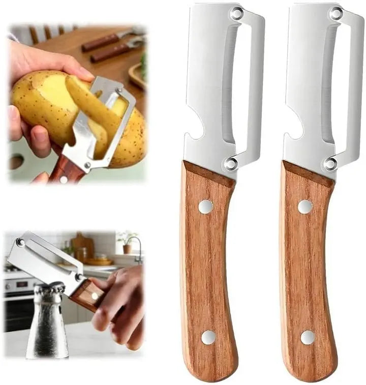 Obst- und Gemüseschäler | 2-in-1 Edelstahlschäler mit breiter Klinge, ergonomischem Holzgriff und Flaschenöffner