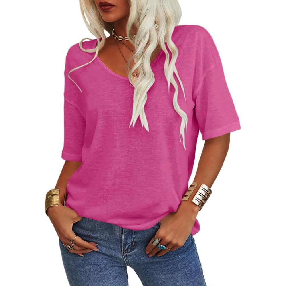 Damen V-Ausschnitt T-Shirt mit längeren Ärmeln | Lockerer Schnitt, blickdicht &amp; luftig | Sommer Shirt S–5XL