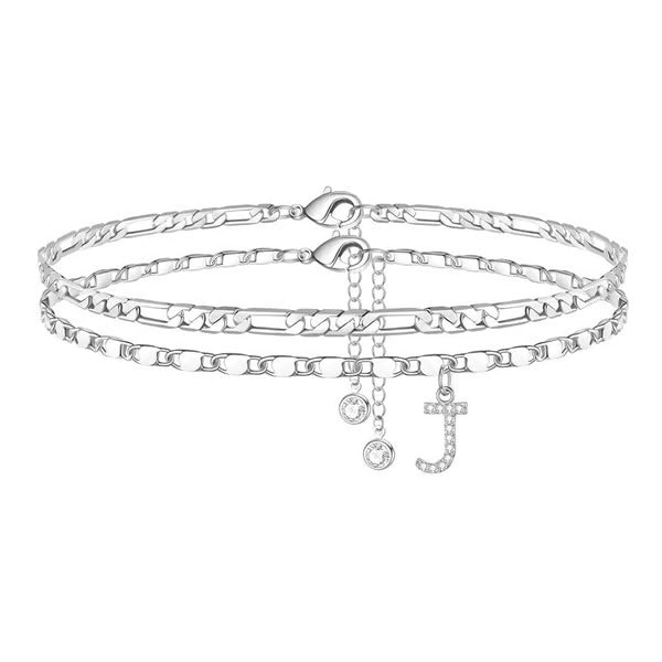 Chaîne de cheville lettres multicouches et réglable | Hypoallergénique, sans nickel ni plomb | Or/argent | 21,5 cm + 5 cm