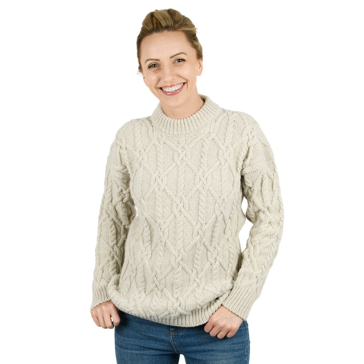 Damen Aran Pullover | Zopfpullover mit Rundhalsausschnitt und leicht verlängertem Schnitt