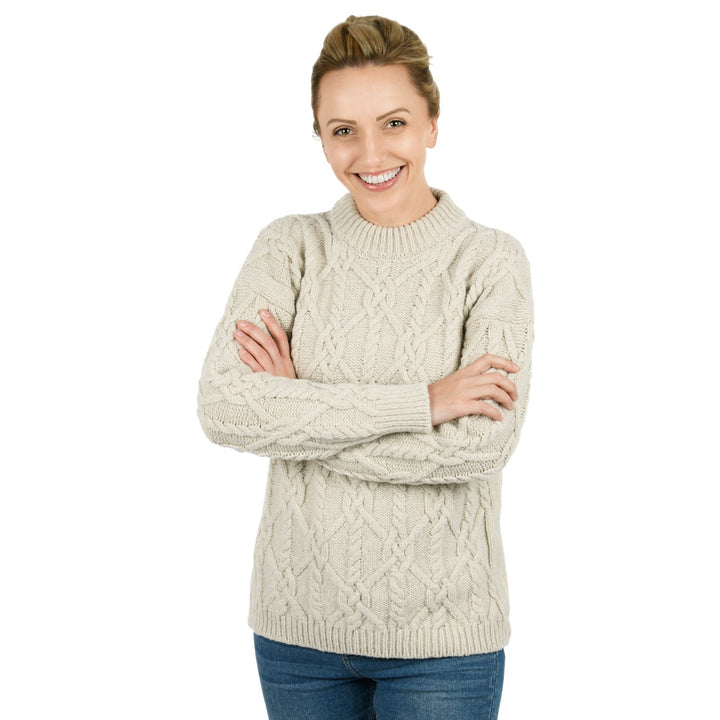 Damen Aran Pullover | Zopfpullover mit Rundhalsausschnitt und leicht verlängertem Schnitt