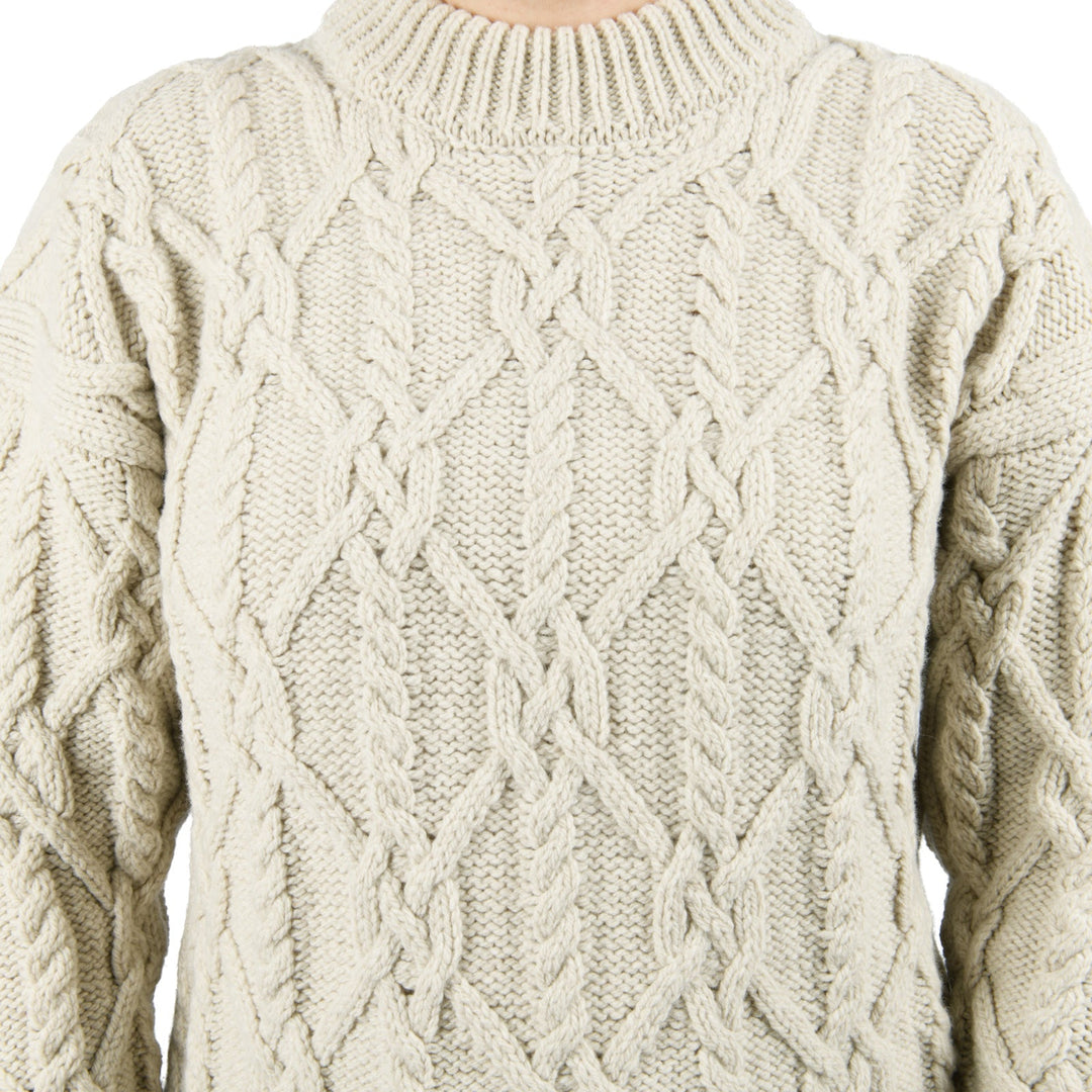 Damen Aran Pullover | Zopfpullover mit Rundhalsausschnitt und leicht verlängertem Schnitt