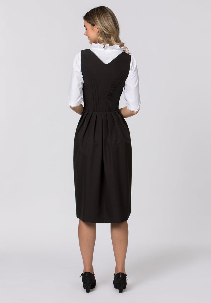 Dirndl lang Damen | Schwarzes Trachtenkleid mit Miederhaken, Reliefdetails und 70 cm Rocklänge