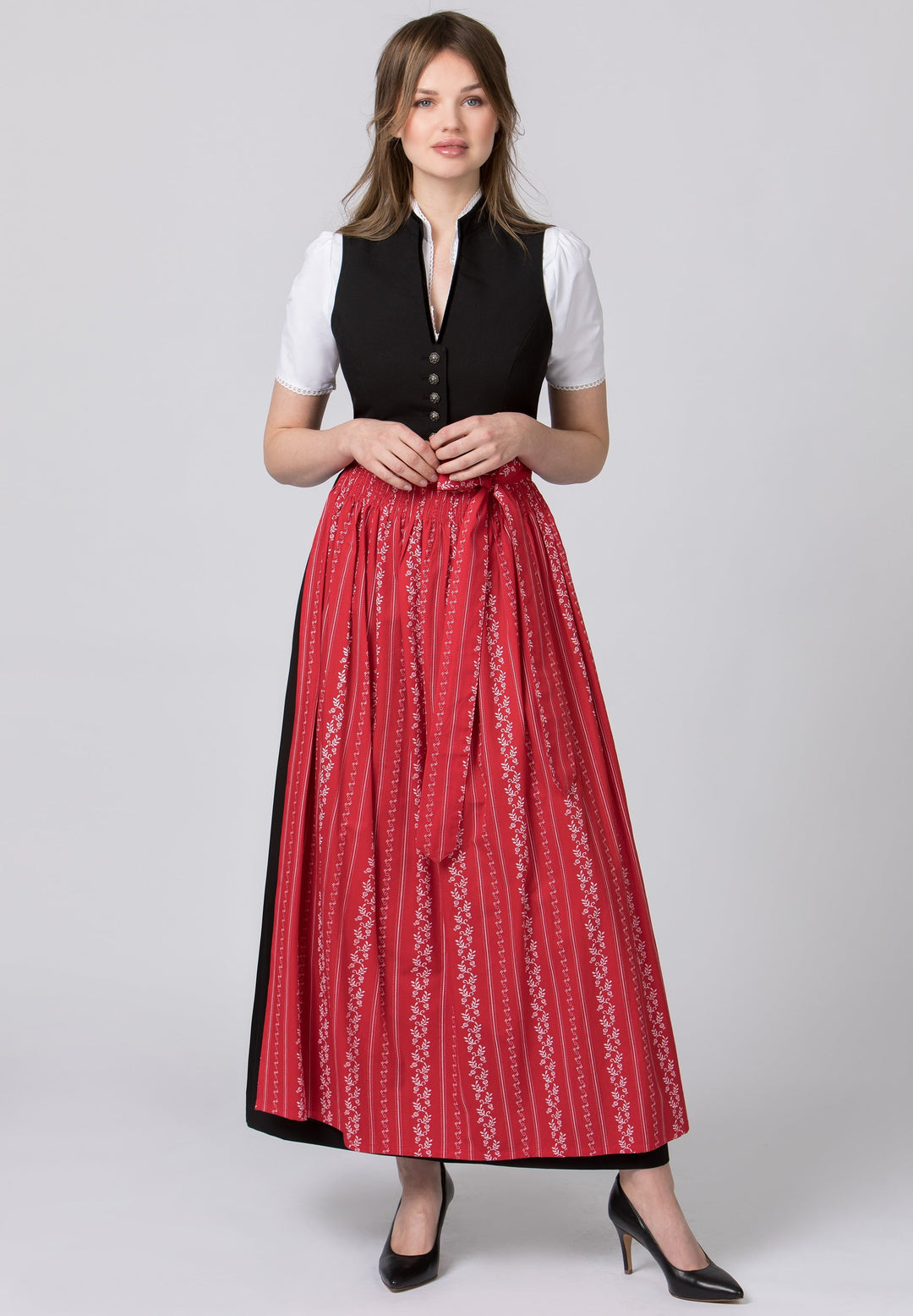 Dirndl lang Damen | Schwarzes Trachtenkleid mit V-Ausschnitt, Zierknöpfen und langem Faltenrock