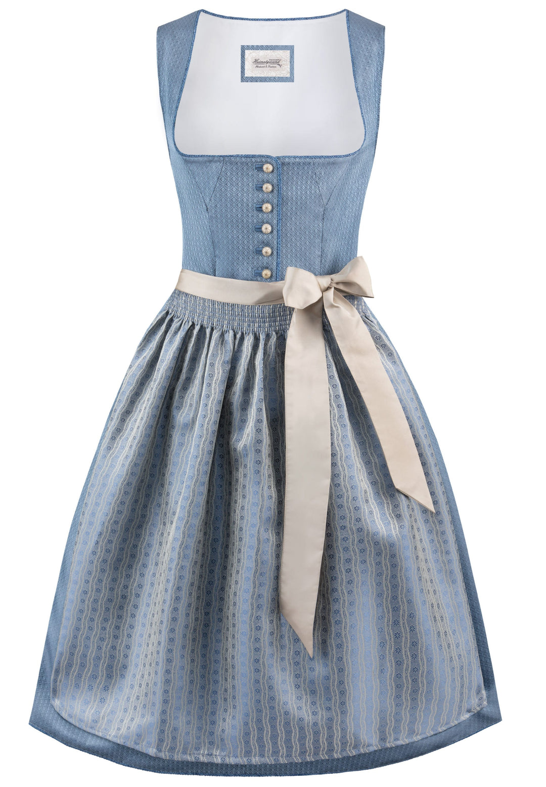Dirndl Midi Damen | Rauchblaues Trachtenkleid mit Jacquard-Mieder, Schürze und 65 cm Rocklänge