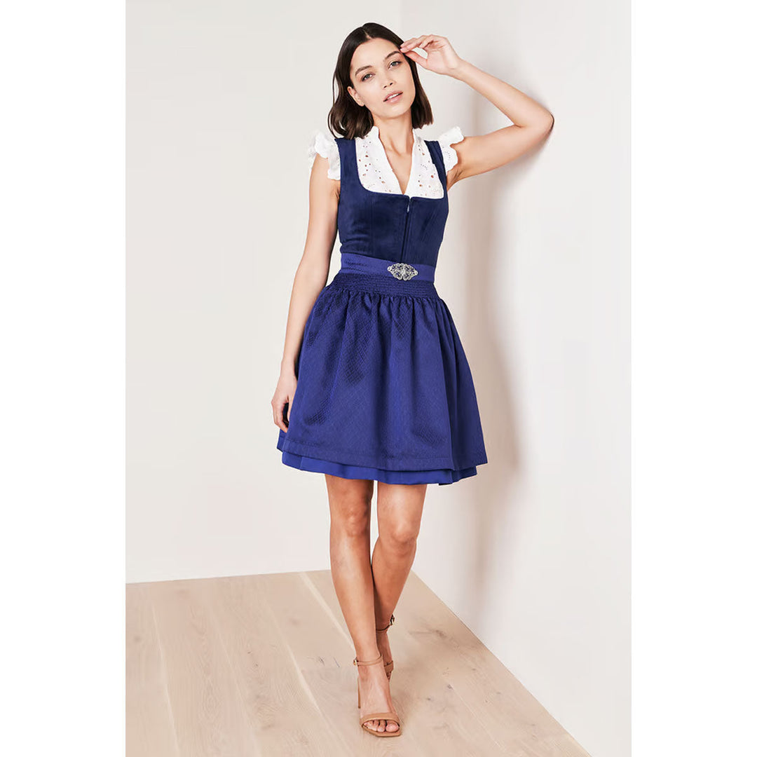 Damen Dirndl Dunkelblau | Kurzes Samtdirndl mit Balkonett-Ausschnitt, Schürzenschließe und 50 cm Rocklänge