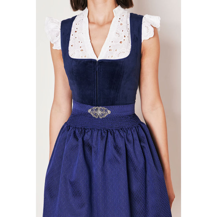 Damen Dirndl Blau | Midi Samtdirndl mit Balkonett-Ausschnitt, Reißverschluss und 60 cm Rocklänge