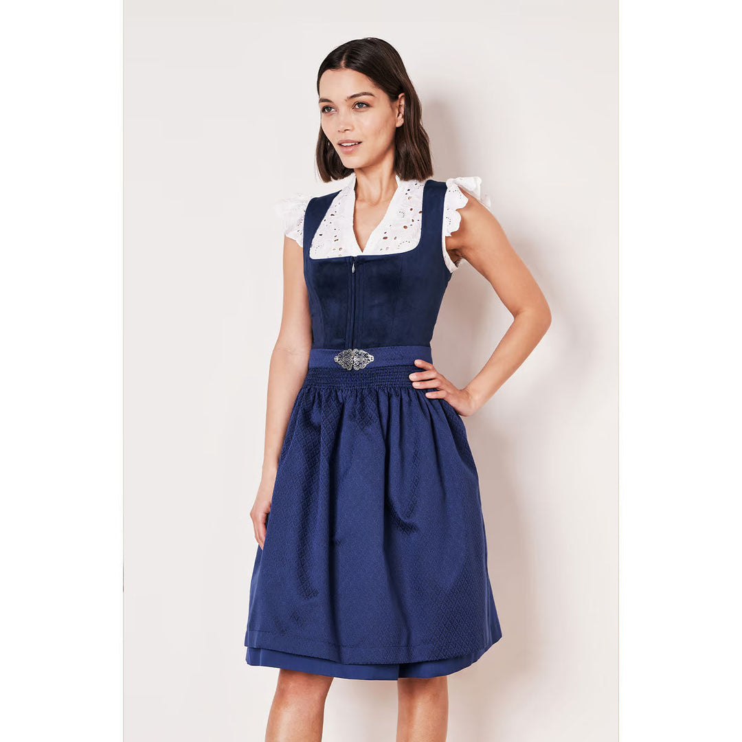 Damen Dirndl Blau | Midi Samtdirndl mit Balkonett-Ausschnitt, Reißverschluss und 60 cm Rocklänge