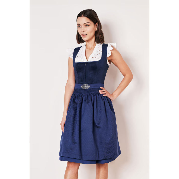 Damen Dirndl Blau | Midi Samtdirndl mit Balkonett-Ausschnitt, Reißverschluss und 60 cm Rocklänge