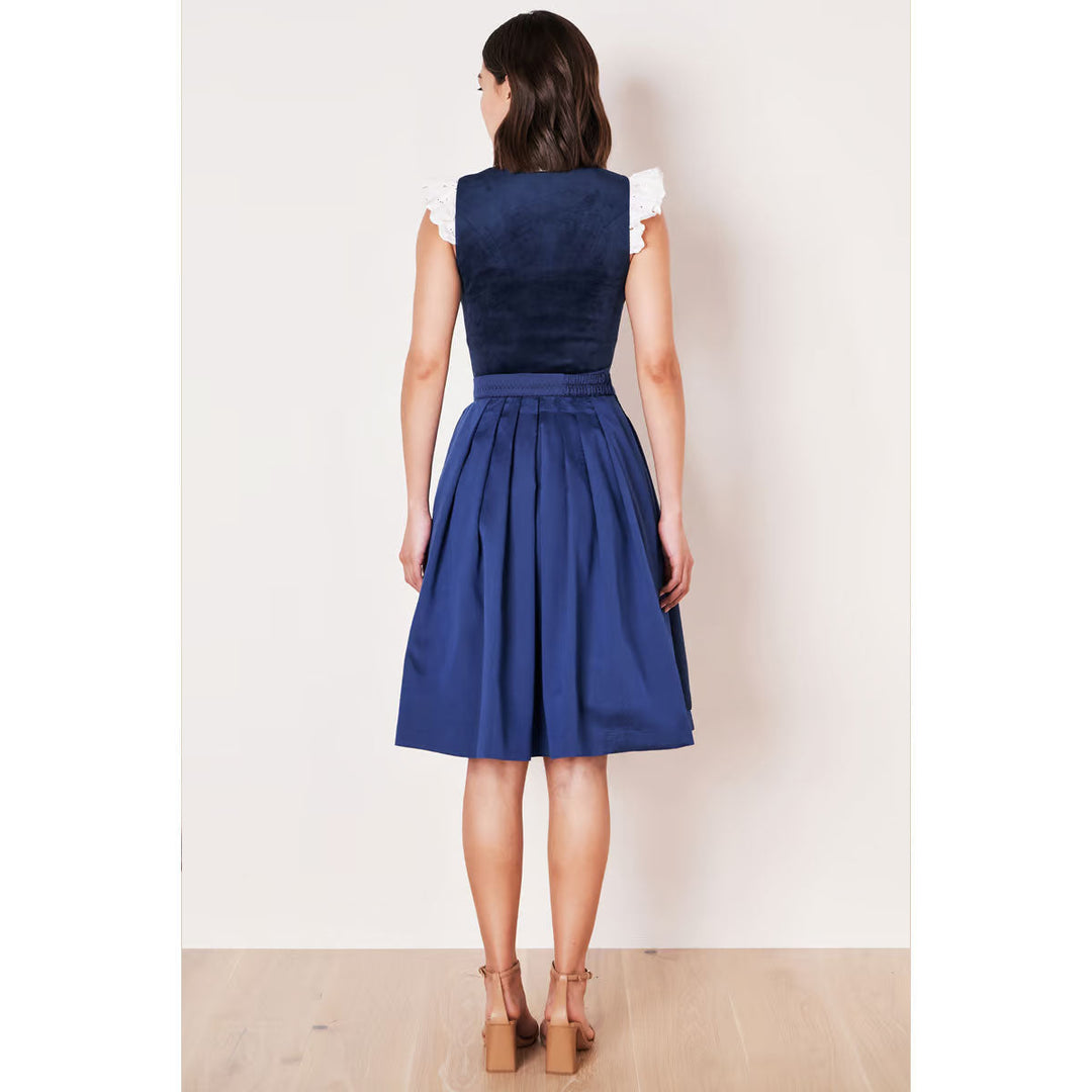 Damen Dirndl Blau | Midi Samtdirndl mit Balkonett-Ausschnitt, Reißverschluss und 60 cm Rocklänge