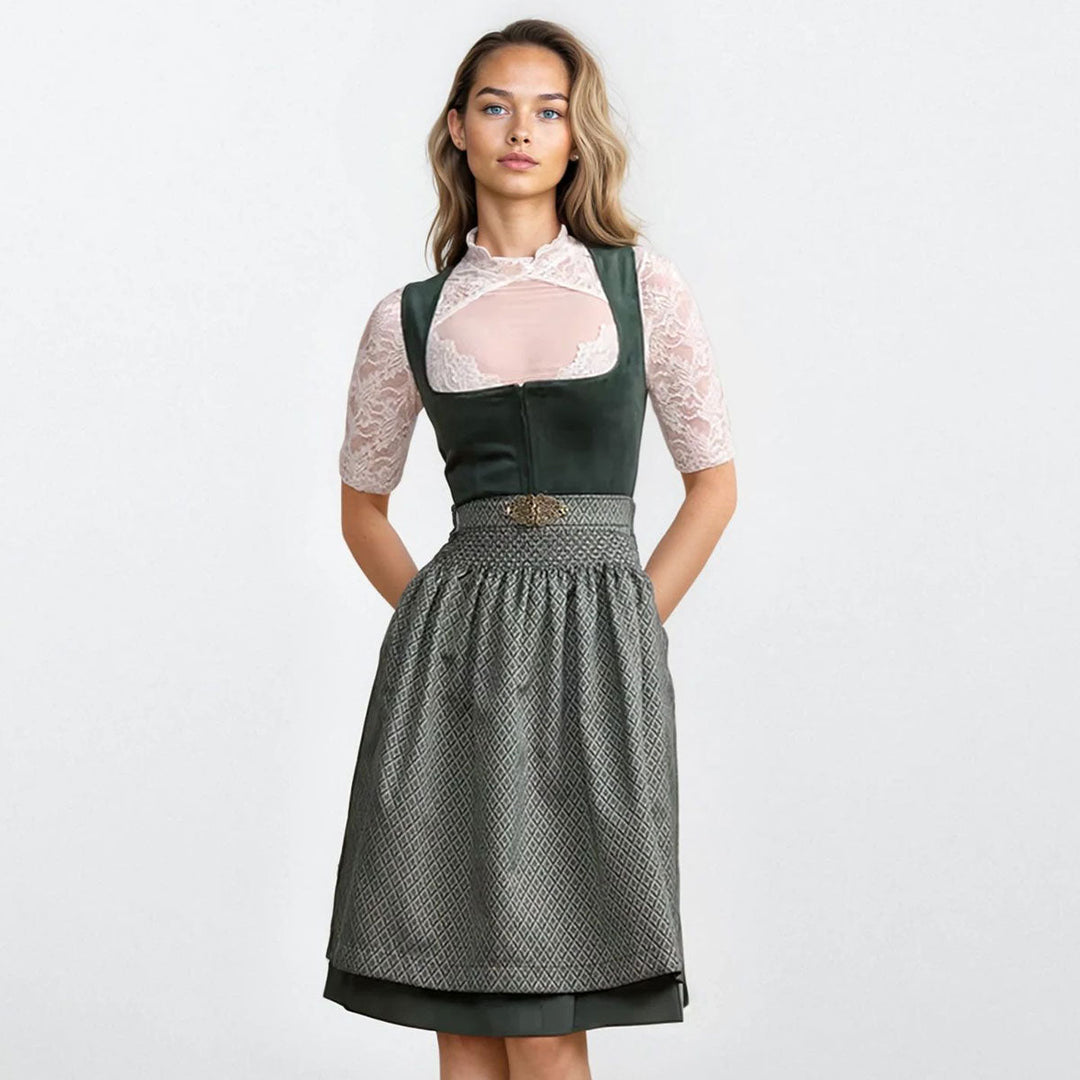 Damen Dirndl | Midi Samtdirndl mit Balkonett-Ausschnitt, Schürzenschließe und 60 cm Rocklänge