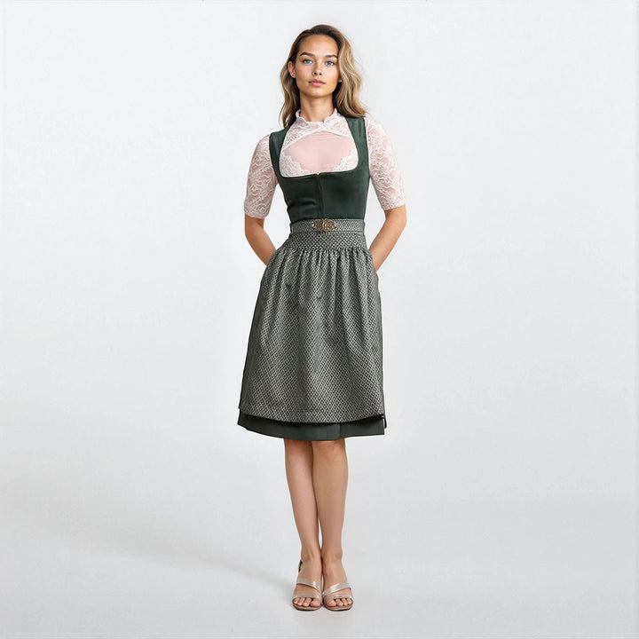 Damen Dirndl | Midi Samtdirndl mit Balkonett-Ausschnitt, Schürzenschließe und 60 cm Rocklänge