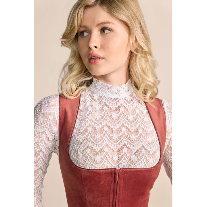 Damen Dirndl Rost Rosa | Midi Samtdirndl mit Balkonett-Ausschnitt, Reißverschluss und 60 cm Rocklänge