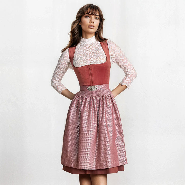 Damen Dirndl Rost Rosa | Midi Samtdirndl mit Balkonett-Ausschnitt, Reißverschluss und 60 cm Rocklänge