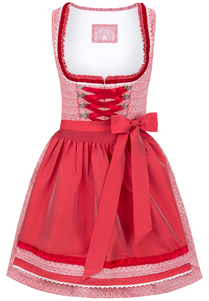 Dirndl Mini Damen | Rotes Trachtenkleid mit Schnürmieder, Schürze und 50 cm Rocklänge